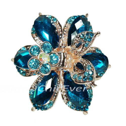 Haargreifer Blume Haarkneifer Haarklammer Metall & Strass blau türkis gold 5151 - zum Schließen ins Bild klicken